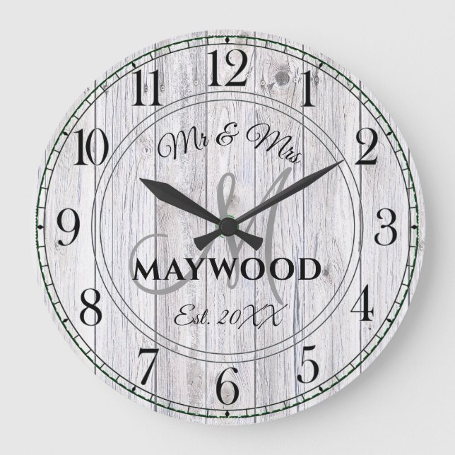 Rustic Personalized Wedding Newlyweds Monogrammed Large Clock (Front)