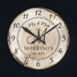 Rustic Personalized Wedding Newlyweds Round Clock<br><div class="desc">A rustic modern wood stump  monogrammed wedding wall clock with date established and married name.</div>