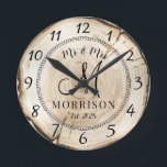 Rustic Personalized Wedding Newlyweds Round Clock<br><div class="desc">A rustic modern wood stump  monogrammed wedding wall clock with date established and married name.</div>