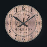 Rustic Personalized Wedding Newlyweds Round Clock<br><div class="desc">A rustic modern barn wood shiplap monogrammed wedding wall clock with date established and married name.</div>