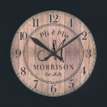 Rustic Personalized Wedding Newlyweds Round Clock<br><div class="desc">A rustic modern barn wood shiplap monogrammed wedding wall clock with date established and married name.</div>