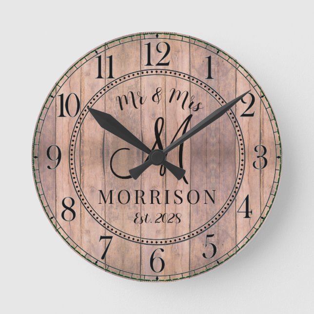 Rustic Personalized Wedding Newlyweds Round Clock (Front)