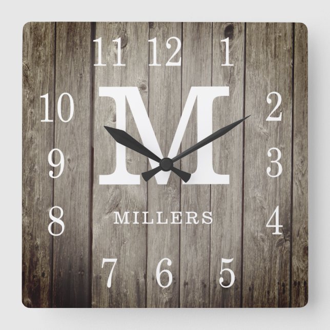 Rustic Personalized Wood Farmhouse Monogram Name Square Wall Clock (Front)