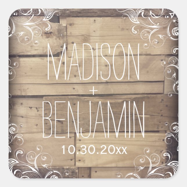 Rustic Personalized Wood Flourish Wedding Sticker (Front)