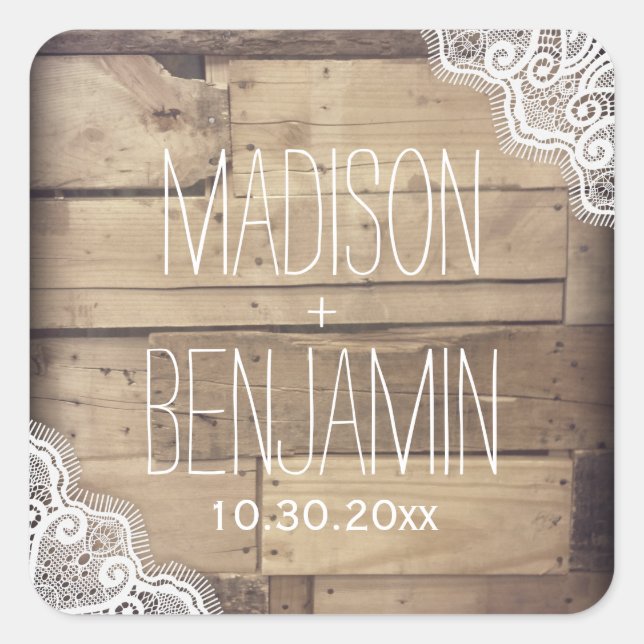 Rustic Personalized Wood Lace Wedding Sticker (Front)