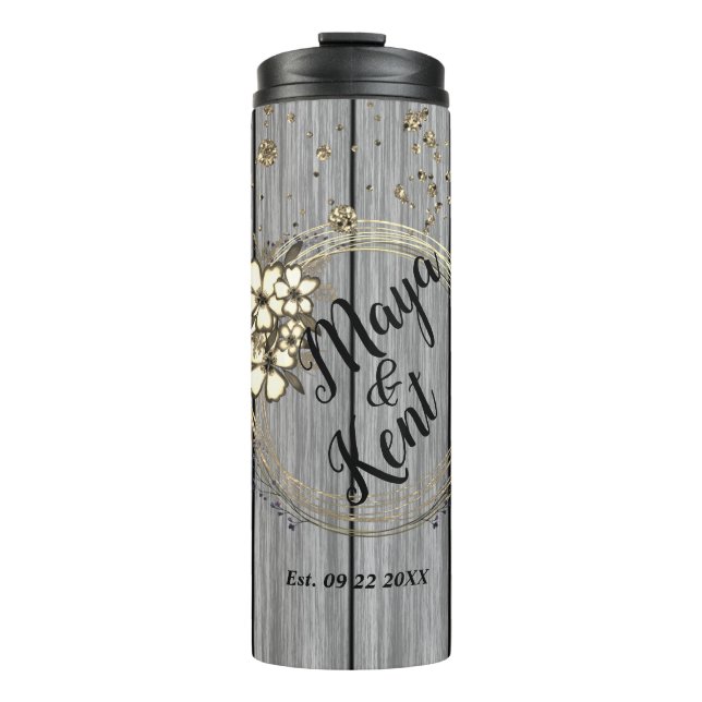 Rustic Personalized Wreath Floral Glitter Wedding Thermal Tumbler (Front)