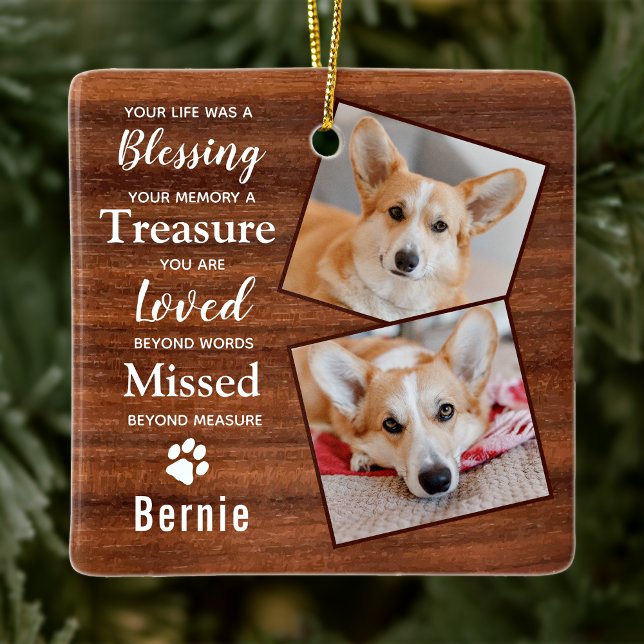 Rustic Pet Dog Memorial Keepsake 2 Photo  Ceramic Ornament (Creator Uploaded)