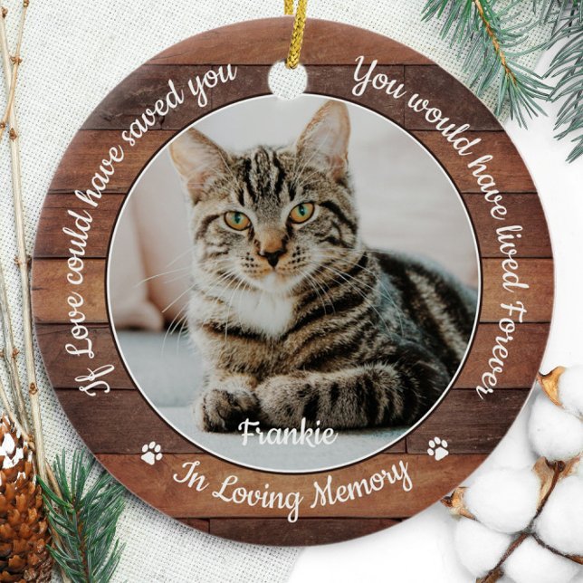 Rustic Pet Memorial Cat 2 Photo Sympathy Ceramic Ornament (Creator Uploaded)