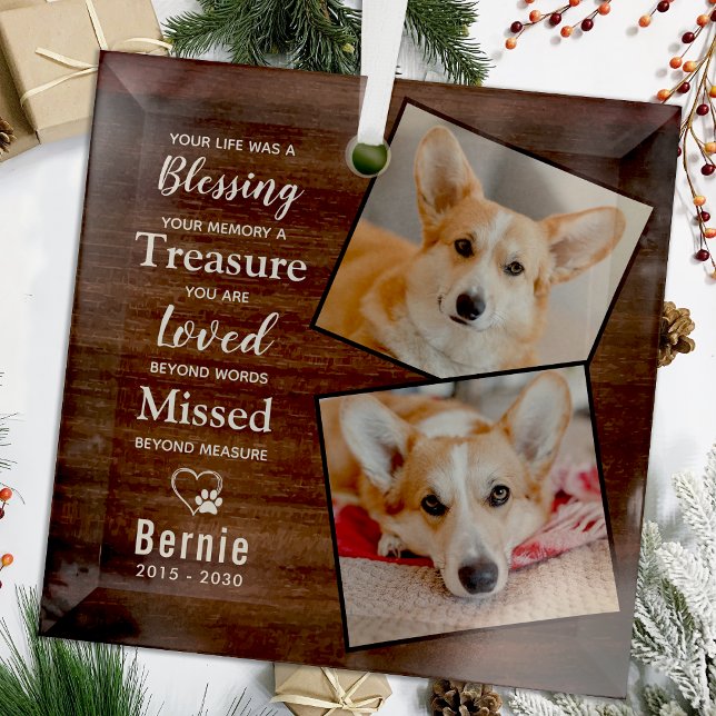 Rustic Pet Memorial Remembrance Poem Dog 2 Photo Glass Ornament (Creator Uploaded)