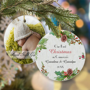 Rustic Photo 1st Christmas New Grandparents Ceramic Ornament