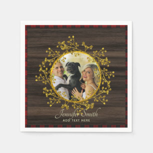 Rustic PHOTO Buffalo Plaid Red Wreath Personalized Napkin