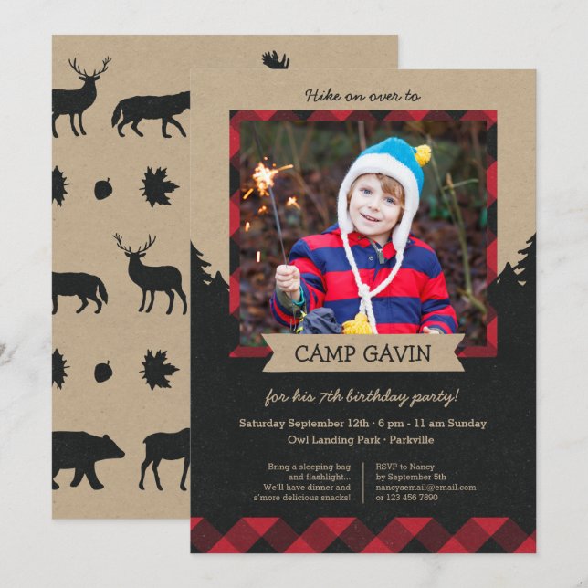 Rustic Photo Camping Invitations de fête d'anniver (Devant / Derrière)