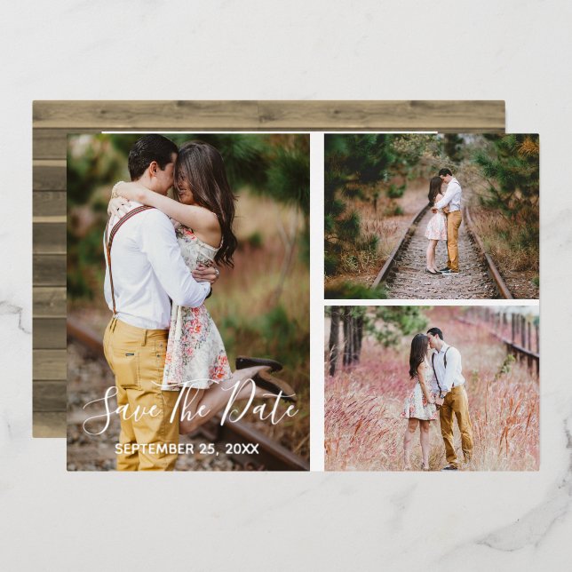 Rustic Photo Collage Enregistrer La Carte Date (Recto/Verso)