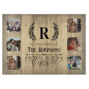 Rustic Photo Collage Family name & Monogram Cutting Board