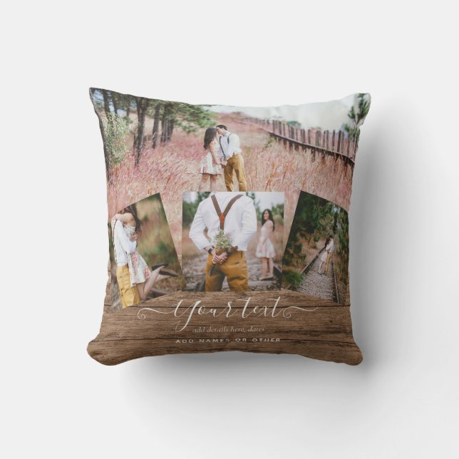 Rustic PHOTO COLLAGE Gift Custom Text Unique Throw Pillow (Front)