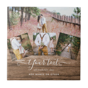 Rustic PHOTO COLLAGE Gift Custom Text Unique Tile