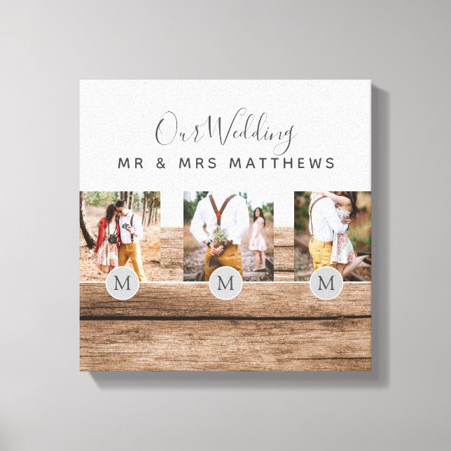 Rustic Photo Collage Monogram NEWLYWEDS WEDDING Canvas Print (Front)