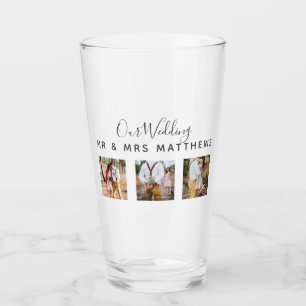 Rustic Photo Collage Monogram NEWLYWEDS WEDDING Glass