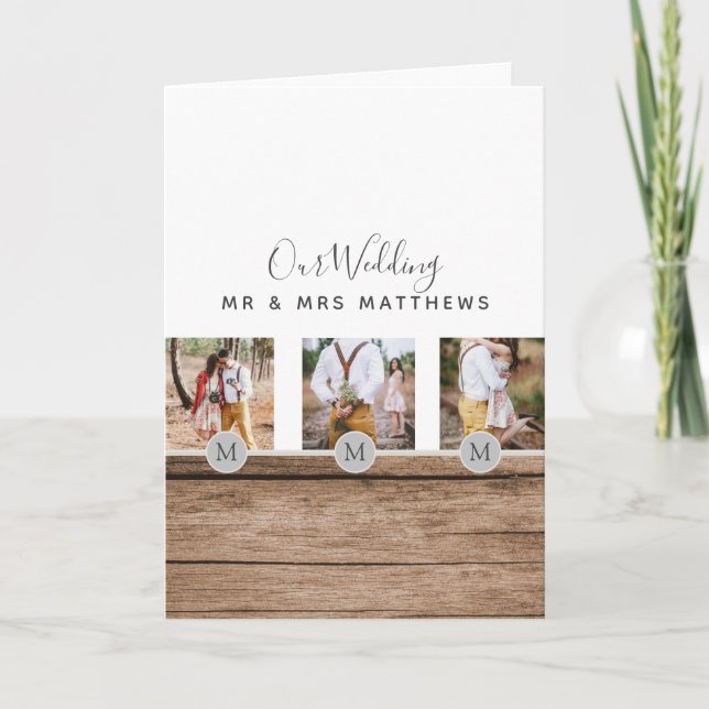 Rustic Photo Collage Monogram NEWLYWEDS WEDDING Invitation (Front)