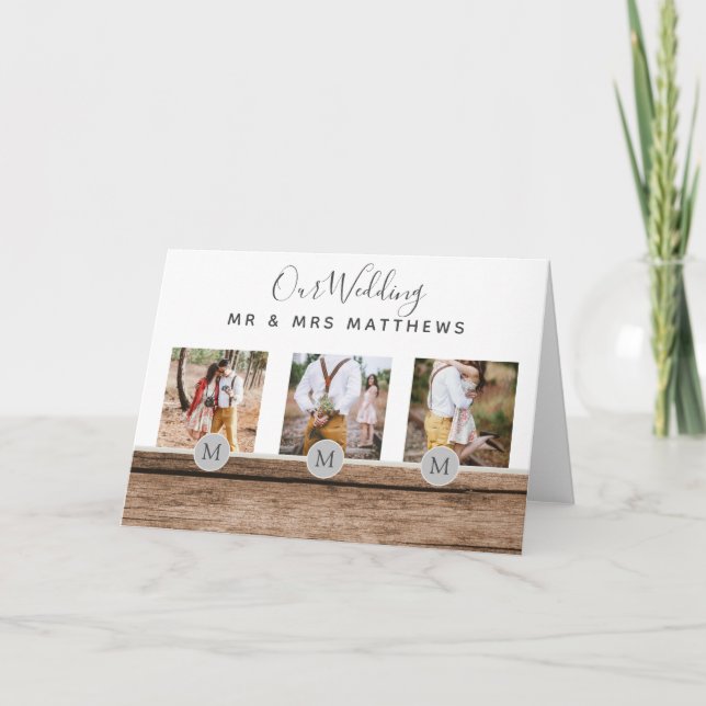Rustic Photo Collage Monogram NEWLYWEDS WEDDING Invitation (Front)