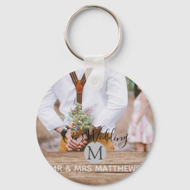 Rustic Photo Collage Monogram NEWLYWEDS WEDDING Keychain (Front)