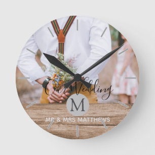 Rustic Photo Collage Monogram NEWLYWEDS WEDDING Round Clock