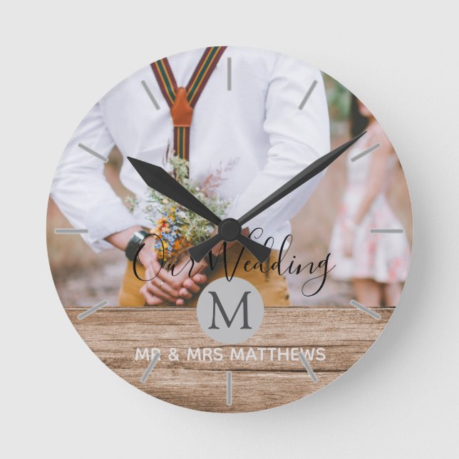 Rustic Photo Collage Monogram NEWLYWEDS WEDDING Round Clock (Front)