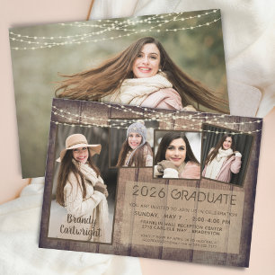 Rustic Photo Collage Wood String Lights Graduation Invitation