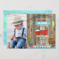 Rustic Photo O-Fish-Ally One Birthday Invitation