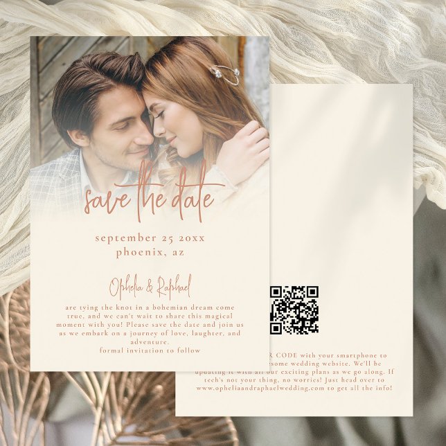 Rustic Photo Overlay Script QR Code Cream Wedding Save The Date (Front and back view. Available digitally and printed)