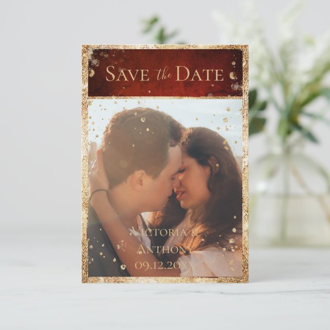 Rustic Photo Red Gold Flat Save The Date (Standing Front)