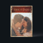 Rustic Photo Red Gold Flat Save The Date<br><div class="desc">A beautiful photo wedding “Save the Date” card to all your family and friends to graciously invite them to your special occasion. The scarlet red rustic background is such a rich look. Trimmed in faux gold glitter to set the tone for romantic and classic elegance. Gold splashes finish off this...</div>