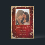 Rustic Photo Red Gold Flat Save The Date<br><div class="desc">Send this beautiful photo wedding “Save the Date” card to all your family and friends to graciously invite them to your special occasion. The scarlet red rustic background is such a rich look. Trimmed in faux gold glitter to set the tone for romantic and classic elegance. Gold splashes finish off...</div>