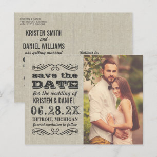 Rustic Photo Save the Date   Vintage Typography Announcement Postcard