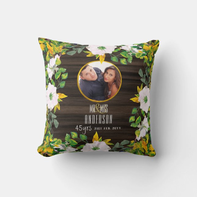RUSTIC PHOTO Wed.Anniversary ANY Milestone Florals Throw Pillow (Front)