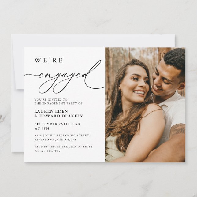 Rustic Photo We're Engaged Script Engagement Party Invitation (Front)