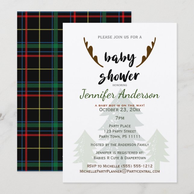 Rustic Pine and Antler Baby Shower Invitation (Front/Back)