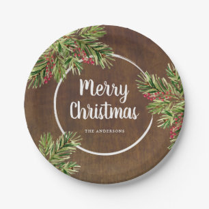 Rustic Pine and Berry Watercolor Christmas Paper Plate