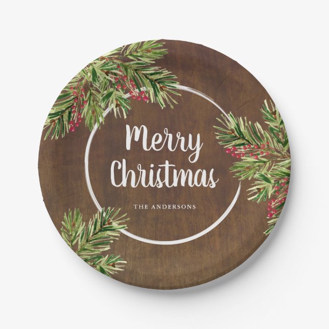 Rustic Pine and Berry Watercolor Christmas Paper Plate (Front)
