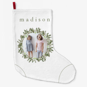 Rustic Pine and Floral Photo Wreath with Name Large Christmas Stocking