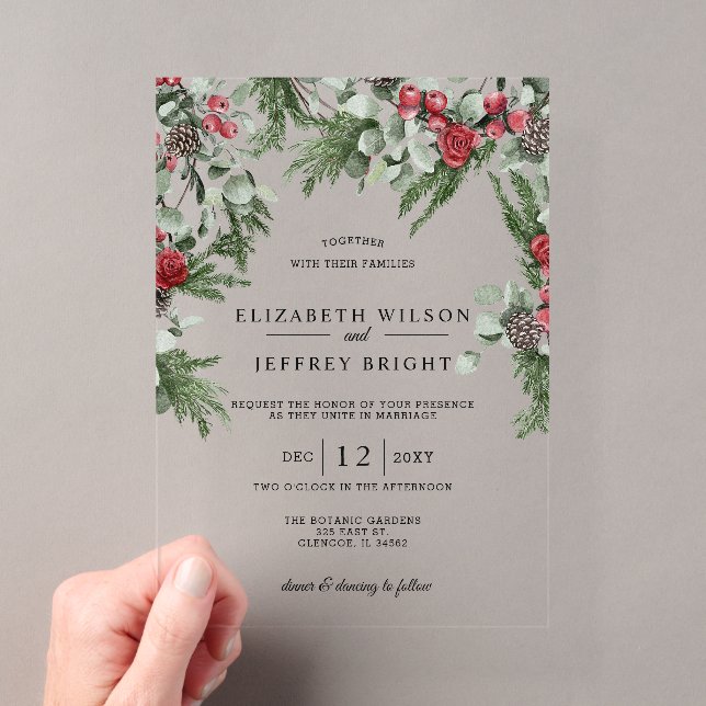 Rustic Pine Berries Winter Christmas Wedding  Acrylic Invitations (Insitu (Handheld))
