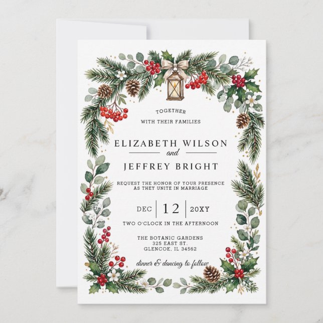 Rustic Pine Berries Winter Christmas Wedding  Invitation (Front)