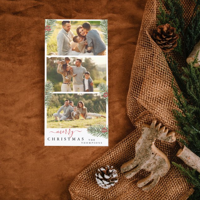 Rustic Pine Christmas Elegant 3 photos Holiday Card (Creator Uploaded)