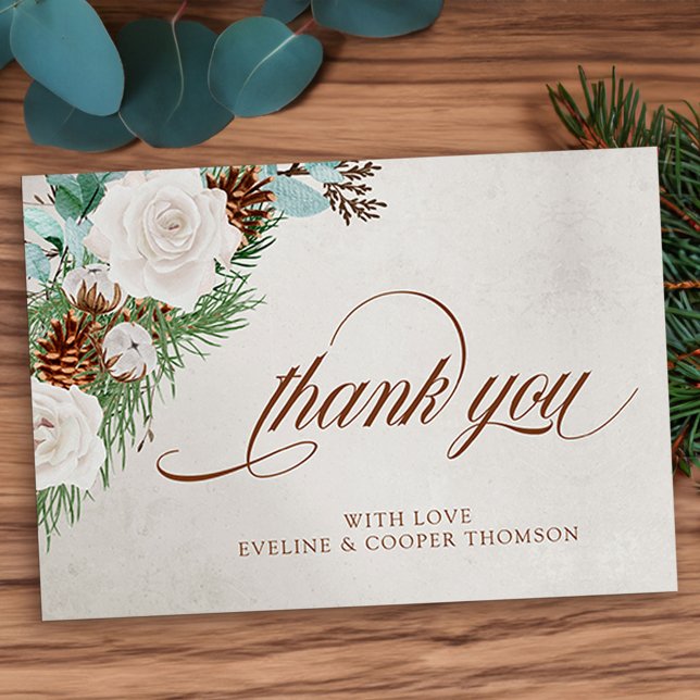 Rustic Pine Cone and Winter White Roses Thank You Card (Winter Wedding thank you card with elegant calligraphy, white roses, eucaluptus and pine)