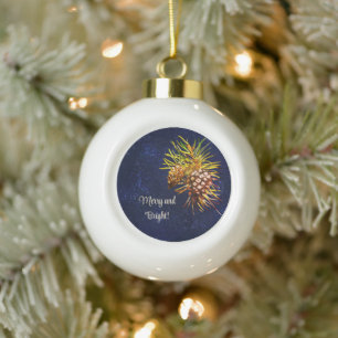 Rustic pine cone ceramic ball christmas ornament