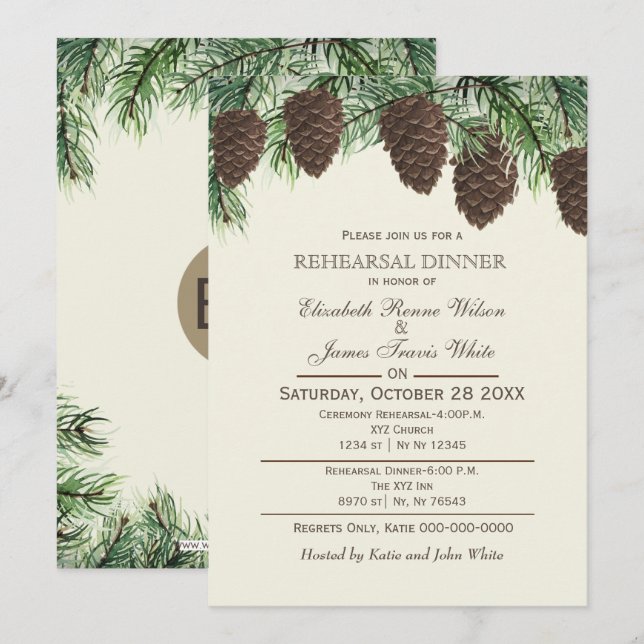 Rustic pine cone fir winter rehearsal dinner invitation (Front/Back)