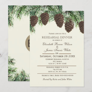 Rustic pine cone fir winter rehearsal dinner invitation