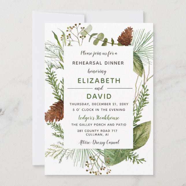 Rustic Pine Cone Winter Rehearsal Dinner Invitation (Front)