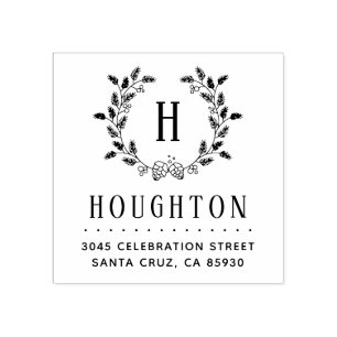 Rustic Pine Cone Wreath Monogram Return Address Rubber Stamp