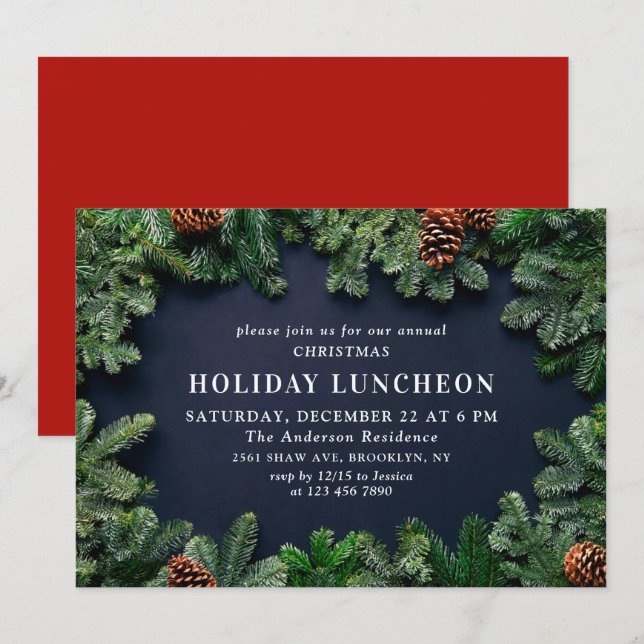 Rustic Pine Cones Branch HOLIDAY LUNCHEON Invitation (Front/Back)